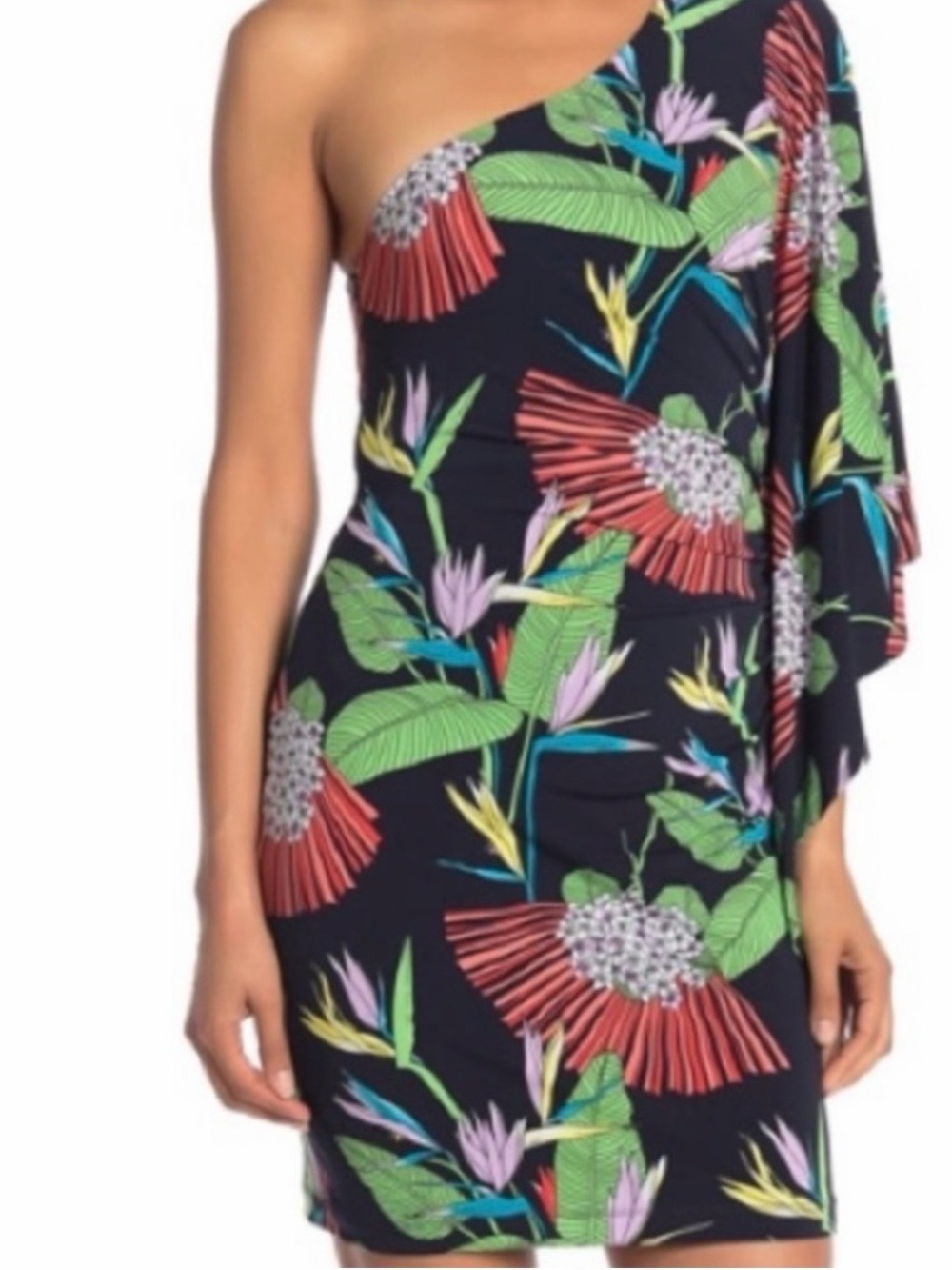 Trina Turk One Shoulder Dress Size 4 NWT Ruched Jersey Tropical Print Vacation